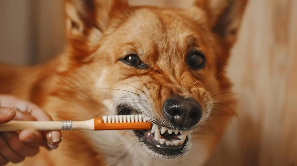 Pies trzymający szczoteczkę do zębów w pysku
